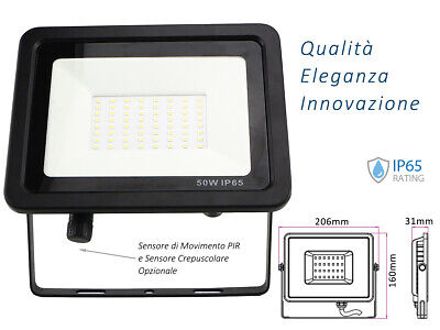 Faro Led Flood Light Slim 50W IP65 Bianco Neutro Carcassa Nera Sensore PIR