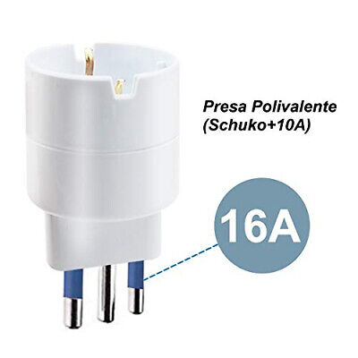 Adattatore Spina Elettrica 16A 2P+T Con 1 Presa Schuko 250V Bianco Max 1500W