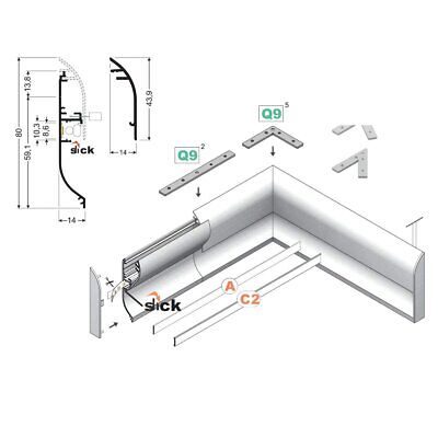 3 Metri Profilo Barra Alluminio Per Battiscopa 80X14mm Colore Bianco Compasto