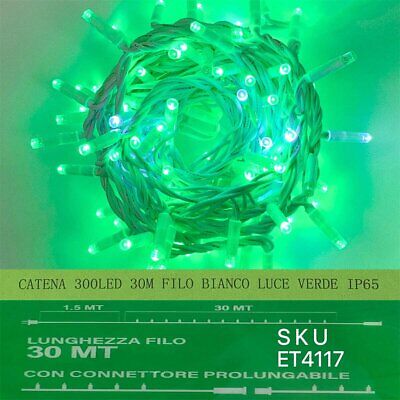 Catena Luminosa di Luci Led IP65 30 Metri Con 300 Filo Bianco Luce Verde