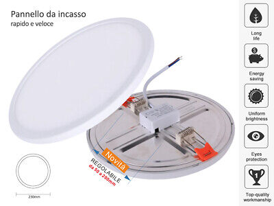 Faretto Pannello Led Da Incasso Rotondo 20W Bianco Neutro Diametro 230mm Foro
