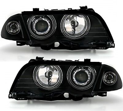 Coppia Fari Fanali Anteriori Tuning E46 Neri berlina e touring CCFL Angel Eyes