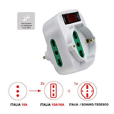 Adattatore Triplo Con Interruttore Spina 10A 2 Prese 10/16A Bipasso + 1 Presa