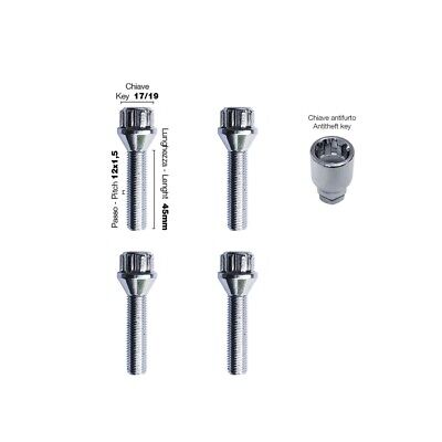 4 bulloni antifurto ch.17/19 12X1.5 l.45mm acciaio cromato