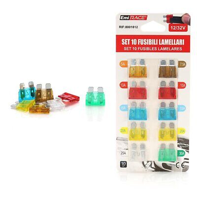 10 Fusibili Piatti Standard Per Auto 12V 24V Max 32V 5A 7,5A 10A 15A 20A 25A