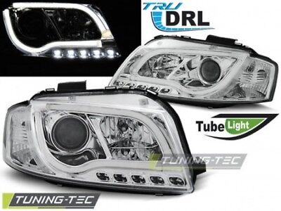 Coppia Fari Fanali Anteriori Tuning A3 8P 05.03-03.08 LED TUBE LIGHTS Cromato