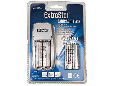 Kit Caricabatterie Caricatore Con 4 Pile Stilo AA Ricaricabile Ni-Cd Ni-MH 600m
