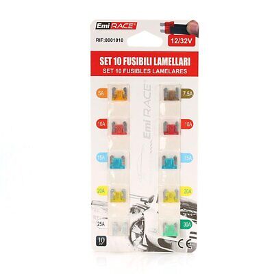 10 Fusibili Piatti Mini Corte Per Auto 12V 24V Max 32V 5A 7,5A 10A 15A 20A 25A