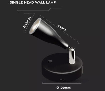Applique Lampada Led Da Parete Con Interruttore Carcassa Nera 4000K Testa