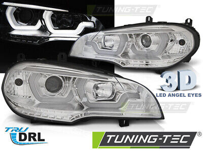 COPPIA FARI FANALI ANTERIORI TUNING X5 E70 07-13 TUBE DRL CROMATO ALOGENI H7+H1