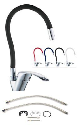 Kit Rubinetto Cucina Bocca Curvo Alta Tubo Flessibile Monogetto Colore Nero
