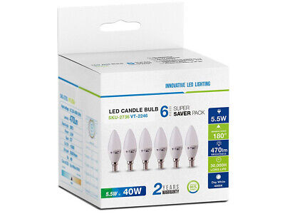 6 PZ Lampada A Led E14 C37 5.5W Bianco Caldo 2700K Forma Goccia Oliva Candela 2