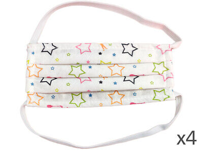 4 Mascherine Per Bambini Disegno Stella Colore Bianco Made in Italy Tessuto TNT
