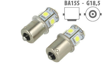 24V COPPIA Lampade Led Canbus BA15S G185 R5W Colore Rosso Piedi Dritti 8Smd 5050