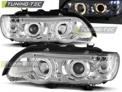 Coppia Set Fari Fanali Anteriori Tuning X5 E53 09.99-10.03 ANGEL EYES Cromato H1