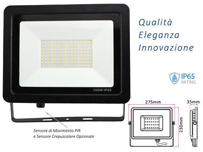 Faro Led Flood Light Slim 100W IP65 Bianco Neutro Carcassa Nera Sensore PIR
