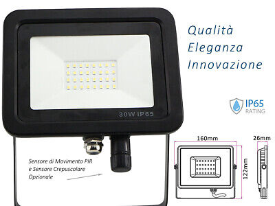 Faro Led Flood Light Slim 30W IP65 Bianco Neutro Carcassa Nera Sensore PIR