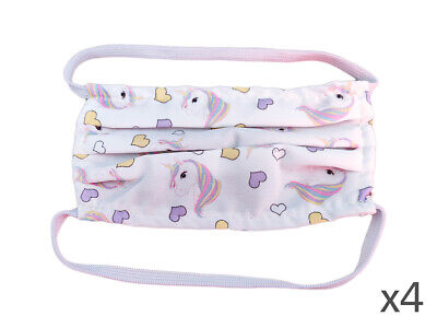 4 Mascherine Per Bambine Disegno Unicorno Femminile Made in Italy Tessuto TNT