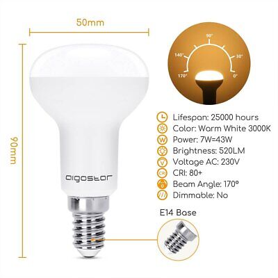 Lampadina LED E14 7W R50 Luce Bianca Calda 3000k 610 Lumens Angolo a Fascio