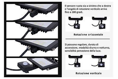 Faro Led Flood Light Slim 10W IP65 Bianco Neutro Carcassa Nera Sensore PIR