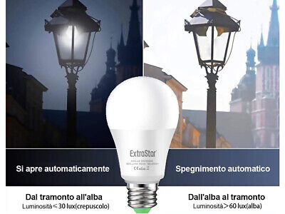 Lampada A Led E27 Con Sensore Crepuscolare 9W 900 Lumen A60 6500K Day Night
