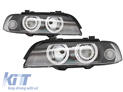 Coppia fari fanali anteriori TUNING Serie5 E39 (96-00) neri H7+H7 Angel eyes