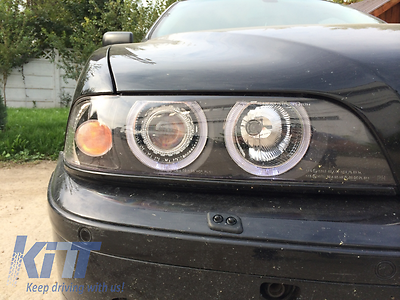 Coppia fari fanali anteriori TUNING Serie5 E39 (96-00) neri H7+H7 Angel eyes