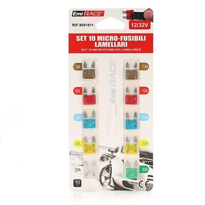 10 Fusibili Piatti Mini Per Auto 12V 24V Max 32V 7,5A 10A 15A 20A 25A 30A