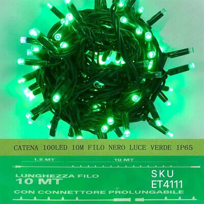 Catena Luminosa di Luci Led IP65 10 Metri Con 100 Filo Nero Luce Verde