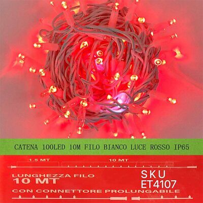 Catena Luminosa di Luci Led IP65 10 Metri Con 100 Filo Rosso Luce Connettore