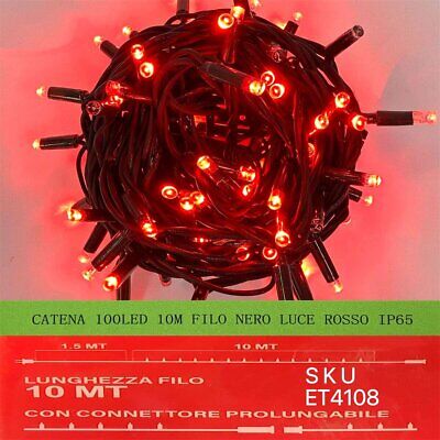 Catena Luminosa di Luci Led IP65 10 Metri Con 100 Filo Nero Luce Rosso