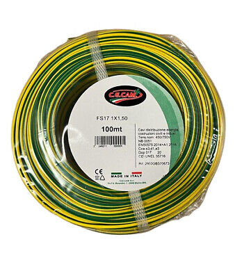 100mt Cavo Elettrico FS17 450/750V Unipolare 1X1.5mm Colore Giallo Verde Made
