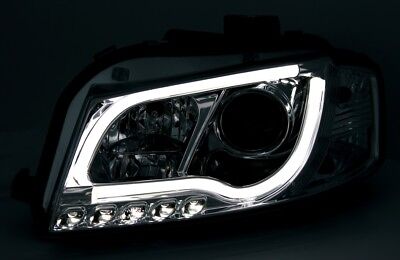 Coppia Fari Fanali Anteriori Tuning A3 8P LTI Led Fibra 2004-2008 CROMATI H7