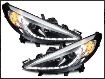 Coppia fari fanali anteriori TUNING 207 06-12 neri H1+H1 DRL LUCE DIURNA