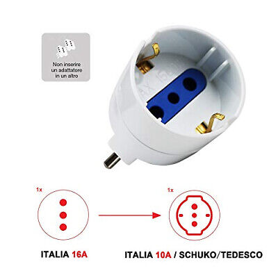 Adattatore Spina Elettrica 16A 2P+T Con 1 Presa Schuko 250V Bianco Max 1500W