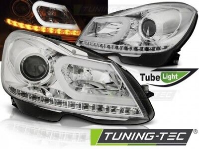 Coppia Set Fari Fanali Anteriori Tuning W204 11-14 Cromato TUBE LIGHT Alogeni