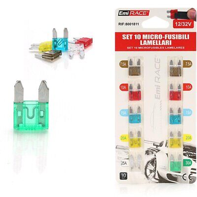 10 Fusibili Piatti Mini Per Auto 12V 24V Max 32V 7,5A 10A 15A 20A 25A 30A