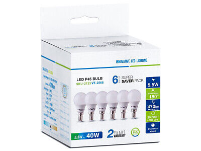 6 PZ Lampada A Led E14 P45 5.5W Bianco Neutro 4000K Forma Bulbo 180 Gradi 220V