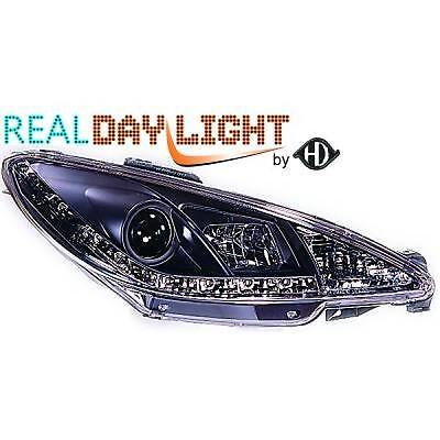 Coppia fari fanali anteriori TUNING 206 1998 -> 2008 DRL NERI LUCE DIURNA LED