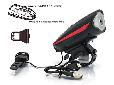 Fanale Bici Anteriore Con Clacson Luci Led Ricaricabile USB 1200mAh 3 Modalita