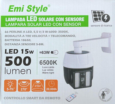 Lampada Led Con Pannello Solare e Sensore Movimento 15W 500lm 6500K Forma di