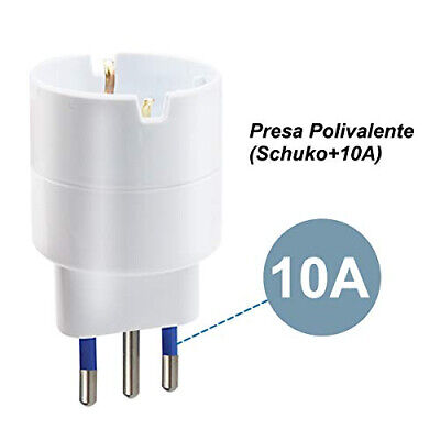 Adattatore Spina Elettrica 10A 2P+T Con 1 Presa Schuko 250V Bianco Max 1500W