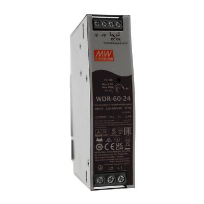 <p>MeanWell WDR-60-24 Alimentatore Slim DIN Rail 60W 24V 2,5A Input