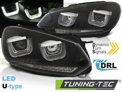 Coppia Fari Fanali Anteriori Tuning GOLF 6 08-12 U-TYPE NERO DRL LED Alogeni HB3