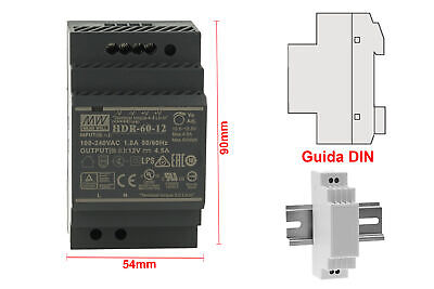 MeanWell HDR-60-12 Trasformatore Rotaia Industriale 12V 54W Barra Guida DIN Rai