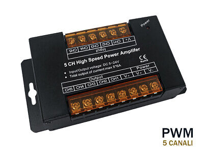 Amplificatore Segnale PWM 5 Canali Per Striscia Led RGBWW RGB+CCT 12V 24V 5X6A