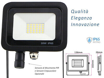 Faro Led Flood Light Slim 20W IP65 Bianco Neutro Carcassa Nera Sensore PIR