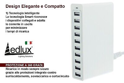 Alimentatore Caricabatterie USB da Muro 5V 10A 50W 10 Uscite Porte