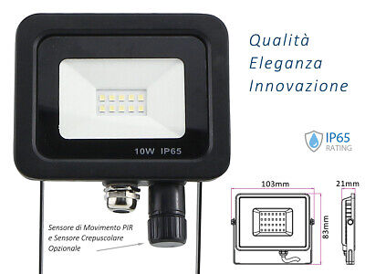 Faro Led Flood Light Slim 10W IP65 Bianco Neutro Carcassa Nera Sensore PIR