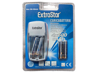 Kit Caricabatterie Caricatore Con 4 Pile Stilo AAA Ricaricabile Ni-Cd Ni-M